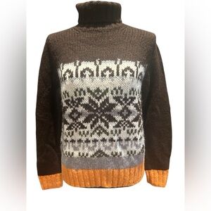 Old Navy Fair Isle Brown Gray Wool Blend Turtleneck Sweater Women’s Size Small